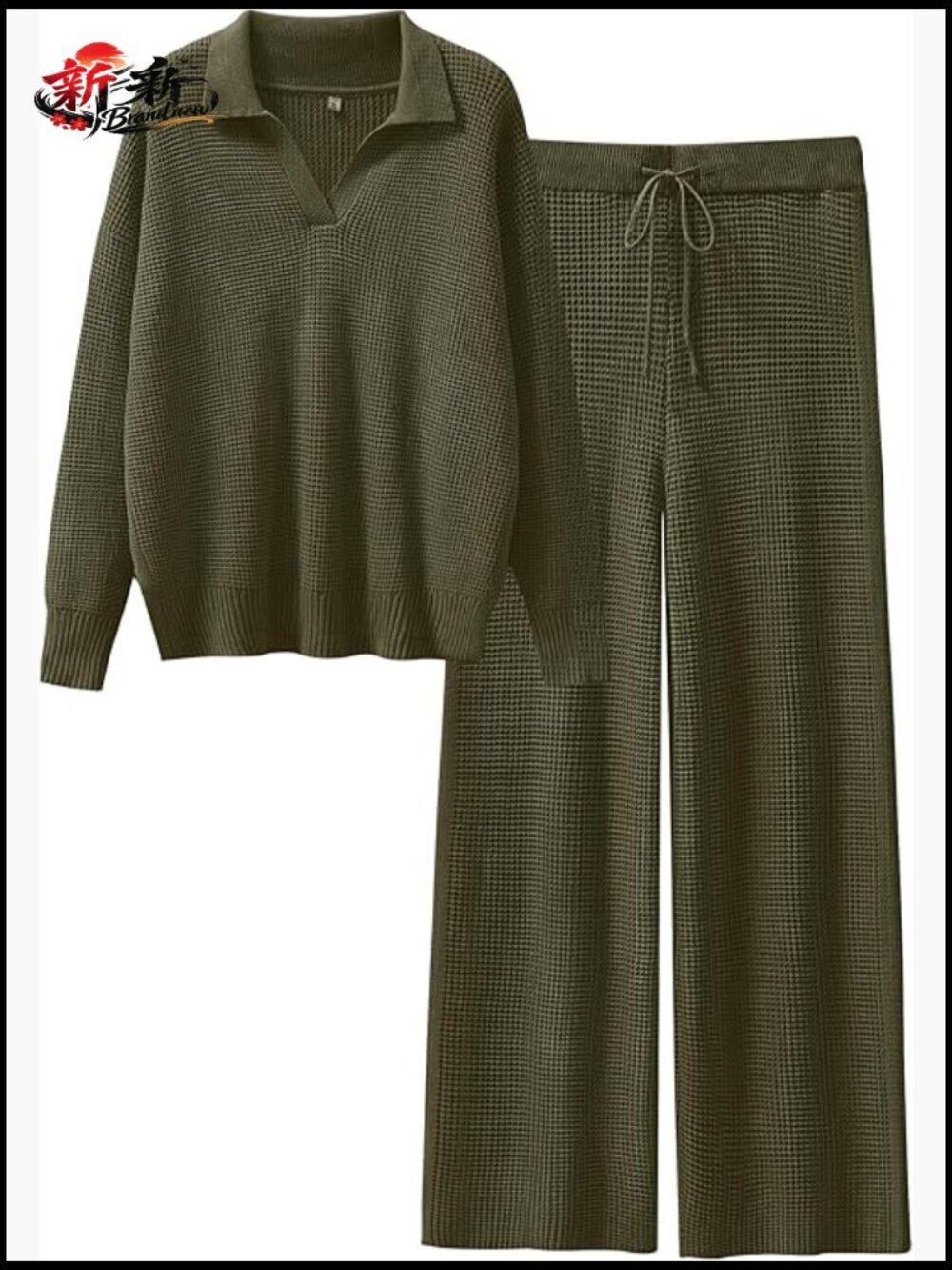 Women Two Piece Lounge Set Waffle Knit Pullover Wide Leg Pants Tracksuit